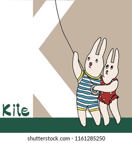 vector illustration of rabbit couple flying a kite, letter K on the background. good for textile and polygraphic printing