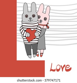 Vector illustration of rabbit couple with heart in their paws near the letter L - "love". Hand drawing, limited color graphic. Good for textile printing, books for children and for education goals.