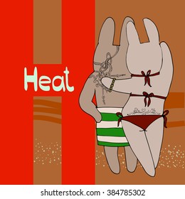 Vector illustration of rabbit couple in love with tattoo on their backs wearing swimsuits. Letter H (heat).Sand landscape on the background.Good for textile printing, post cards, for educational goals