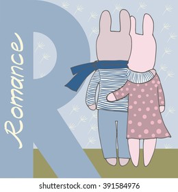 Vector illustration of rabbit couple in love near the letter R (romance).Dandelion seeds on the background.Good for textile printing, post cards, for educational goals (for ABC-books).