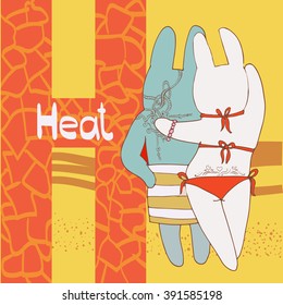 Vector illustration of rabbit couple in love. tattoo on their backs. swimsuits. letter H (heat).Sand on the background.Good for textile printing, post cards, for educational goals (abc-books)