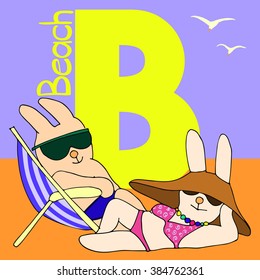 vector illustration of rabbit couple  lying on the beach. Letter B (beach) as a background. good for textile printing etc.