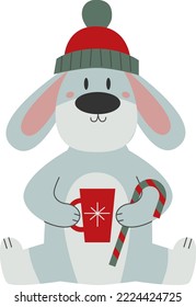 Vector illustration of rabbit with a cup, candy and knitted hat. Christmas rabbit