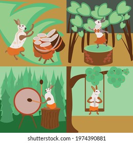 Vector illustration of a rabbit dancing in the jungle