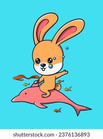 vector illustration of a rabbit diving and riding a dolphin. animal icon concept