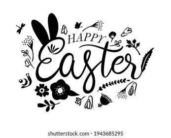A vector illustration of rabbit ears and spring elements for a Happy Easter in line art and flat black colors on an isolated white background