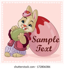 Vector illustration, rabbit with Easter egg, card concept.