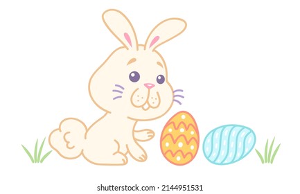 Vector illustration of a rabbit with eggs for Easter in kawaii style. Vector illustration for children with a little bunny.