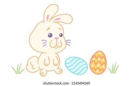 Vector illustration of a rabbit with eggs for Easter in kawaii style. Vector illustration for children with a little bunny.