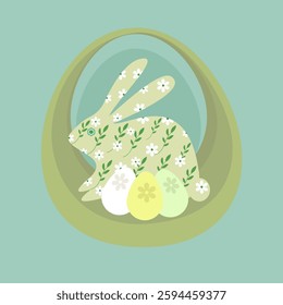 Vector illustration of a rabbit and eggs with a floral print on a green background.