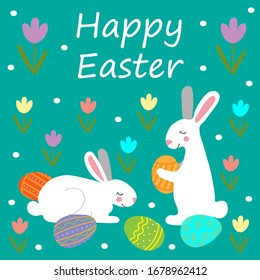 Vector Illustration with rabbit, eggs and flowers.  Happy Easter Blue Background. Vector easter Illustration.