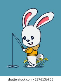 vector illustration of a rabbit fishing at a water hole. animal icon concept