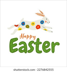 Vector illustration of rabbit and flowers for easter day in folk art.