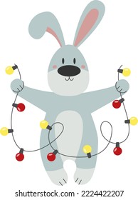 Vector illustration of rabbit with a garland. Christmas rabbit