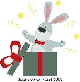 Vector illustration of rabbit in a gift box. Christmass rabbit