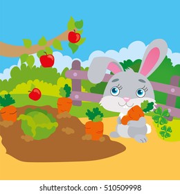 Vector illustration of rabbit gnawing a carrot in the garden