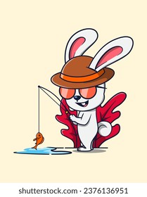 vector illustration of a rabbit in a hat fishing. animal icon concept