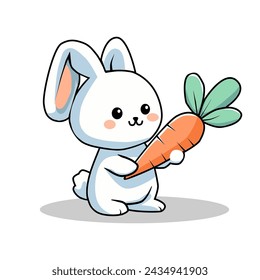Vector illustration of a rabbit holding a carrot in a cartoon and flat style isolated on white. Can be used to print on t-shirts or other purposes