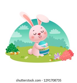 Vector illustration of a rabbit holding an Easter egg on the field