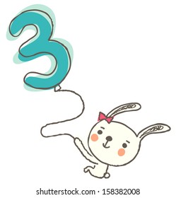 Vector illustration of a rabbit holding number three on a string