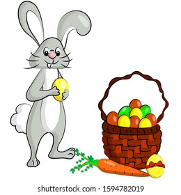 Vector illustration of a rabbit Isolated on a white background. Stock illustration of a cute easter bunny holding an egg. Illustration of a basket filled with easter eggs. Carrot illustration