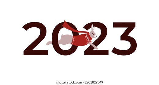 Vector illustration of rabbit jumping over number zero. Happy new 2023 year abstract greeting card. Rabbit year concept isolated on white background. Chinese zodiac sign. Print, poster, logo, calendar