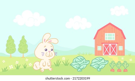 Vector illustration of rabbit in kawaii style on farm. Vector illustration for children with little bunny near red barn. Baby rabbit.