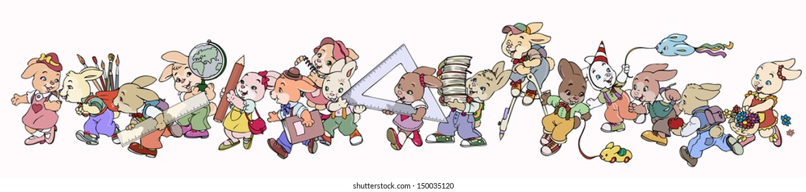 Vector illustration, rabbit kids going to school, cartoon concept, white background.