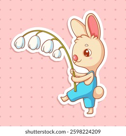 Vector illustration of Rabbit with lily for sticker. Cute Easter character. Bunny with flower.