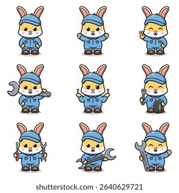 Vector Illustration of Rabbit Mechanic Cartoon Character. Mechanic Character Vector Illustration. Rabbit Character animal. Mechanic Mascot.