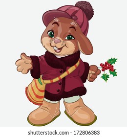 Vector illustration, rabbit with mistletoe, cartoon concept, white background.