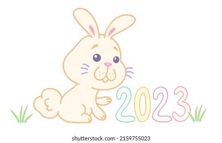 Vector illustration of a rabbit for New Year 2023 in kawaii style. Vector illustration for children with a little bunny for winter holidays.