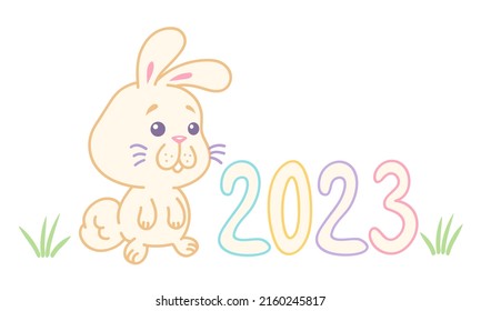 Vector illustration of a rabbit for New Year 2023 in kawaii style. Vector illustration for children with a little bunny for winter holidays.