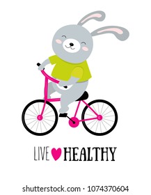 Vector illustration of rabbit on a bicycle with motivational quote live healthy