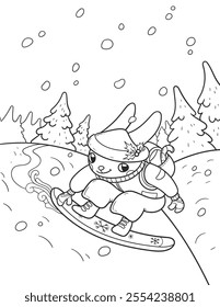 Vector illustration of Rabbit on snowboard. Winter landscape. Christmas cute cartoon character. New Year coloring book design.