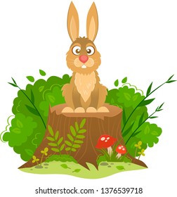 Vector illustration of a rabbit on a stump in the bushes and wild herbs