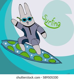 vector illustration of rabbit on the surf dressed in swimsuit. Letter S (surfing) as a background. Good for textile printing, children dictionaries (like ABC-books) etc.