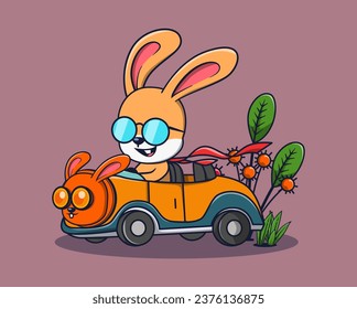 vector illustration of a rabbit in orange sunglasses driving a cute car. animal icon concept