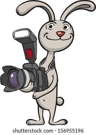 Vector illustration of rabbit photographer standing with camera. Easy-edit layered vector EPS10 file scalable to any size without quality loss. High resolution raster JPG file is included.
