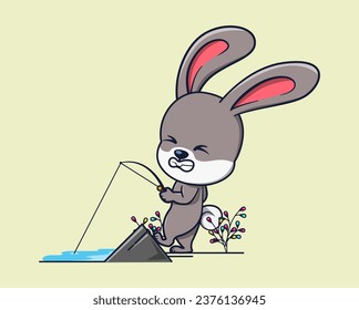 ilustración vectorial de un conejo tirando fuertemente de una barra de pesca. concepto de icono animal