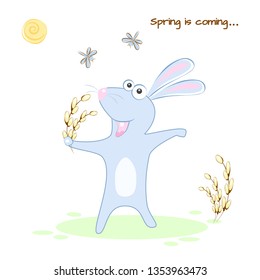 Vector illustration of a rabbit rejoices in spring