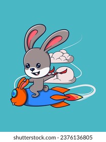 vector illustration of a rabbit riding a cute rocket. cute animal icon concept