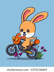 vector illustration of a rabbit riding a dirt bike while waving. animal icon concept