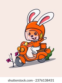 vector illustration of a rabbit riding a motorbike while waving cute hands. animal activity icon concept