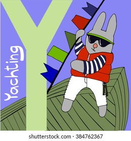 Vector illustration of rabbit sailing on the yacht. Letter Y (yachting) as a background in the lilac sky. Good for textile printing and for educational goals