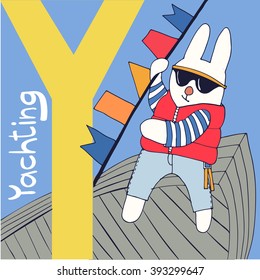 Vector illustration of rabbit sailing on the yacht. Letter Y (yachting) as a background in the lilac sky. Good for textile printing, for abc-books and for advertisement goals