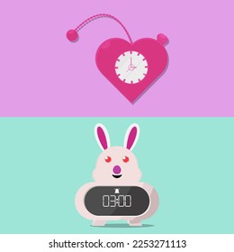 Ilustración vectorial de un reloj en forma de conejo y un reloj en forma de corazón.
