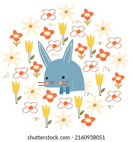 
vector illustration of a rabbit sitting in a flower meadow.isolated vector elements, daffodils, daisies and different flowers collected in a circle