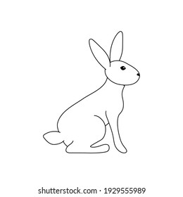 Vector illustration of a rabbit sitting on the ground. Black outline of a hare on a white background. Doodle style.