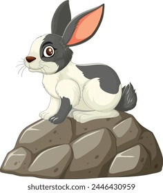 Ilustración vectorial de un conejo sentado en las rocas.